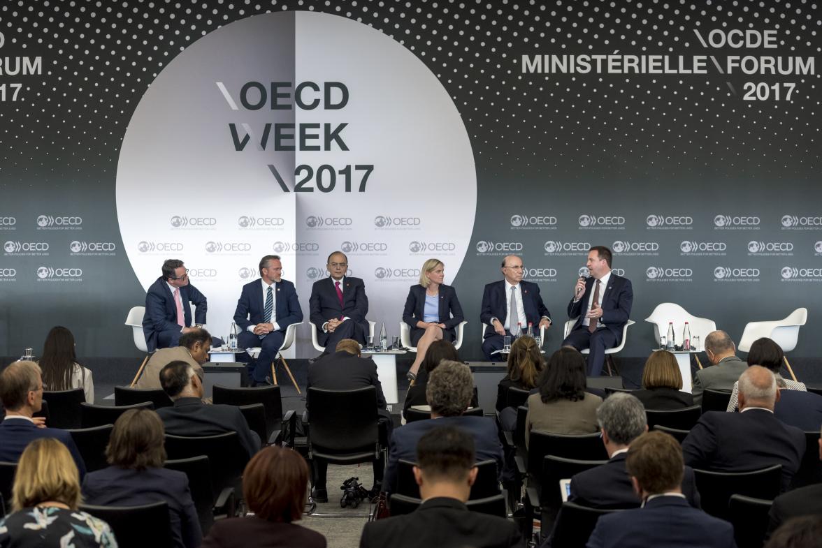 Trade, Tourism and Investment Minister, Steven Ciobo participating in a panel discussion on globalisation during the Ministerial Council Meeting at the OECD, 7 June 2017. Pictured with (left to right): Reuters Editor-at-Large, Axel Threlfall; Danish Minis