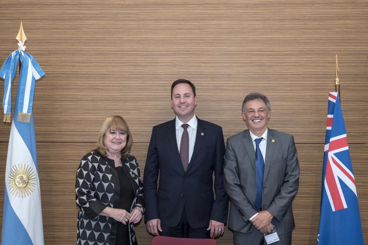 Trade, Tourism and Investment Minister, Steven Ciobo meeting with Argentinian Minister of Foreign Relations and Worship, Susana Malcorra and Argentinian Minister for Production, Francisco Cabrera in the margins of the Ministerial Council Meeting at the OE