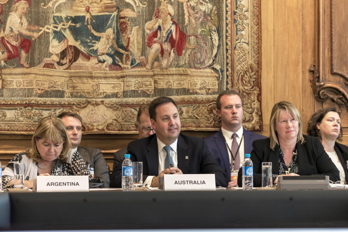 Trade, Tourism and Investment Minister Ciobo chairing the WTO Informal Gathering of Ministers at the OECD, Paris on 8 June 2017, with Ms Susana Malcorra, Minister for Foreign Affairs and Worship, Argentina (l) and Australian Ambassador to the WTO Ms Franc