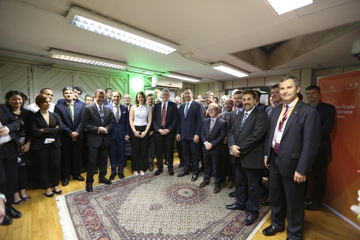 Minister for Trade, Tourism and Investment, Steven Ciobo, with Ambassador Ian Biggs, members of the Australian business delegation to Iran and embassy staff at the re-opening of the Austrade office in Tehran, 28 September 2016.