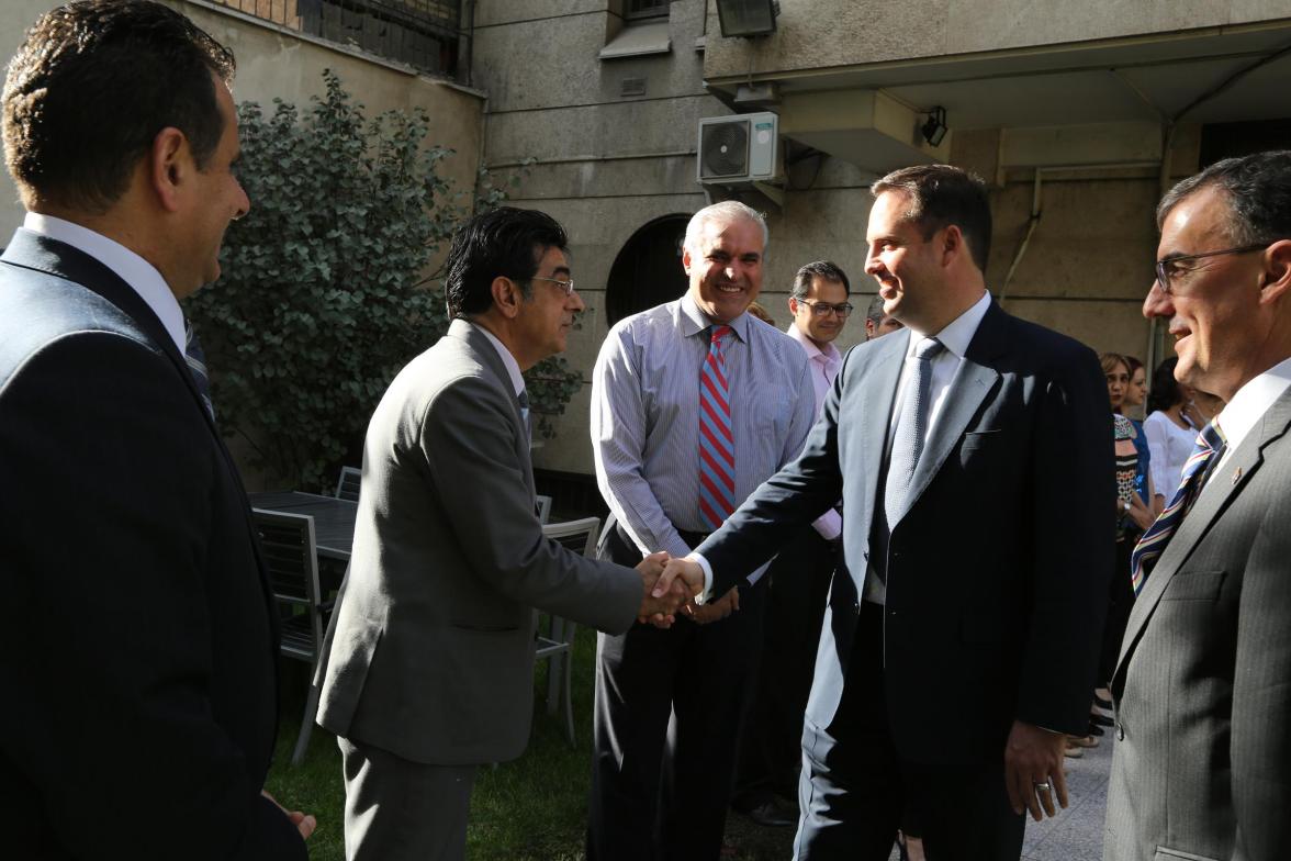 Minister for Trade, Tourism and Investment, Steven Ciobo, is introduced to embassy staff by Ambassador Ian Biggs at the re-opening of the Austrade office in Tehran, 28 September 2016