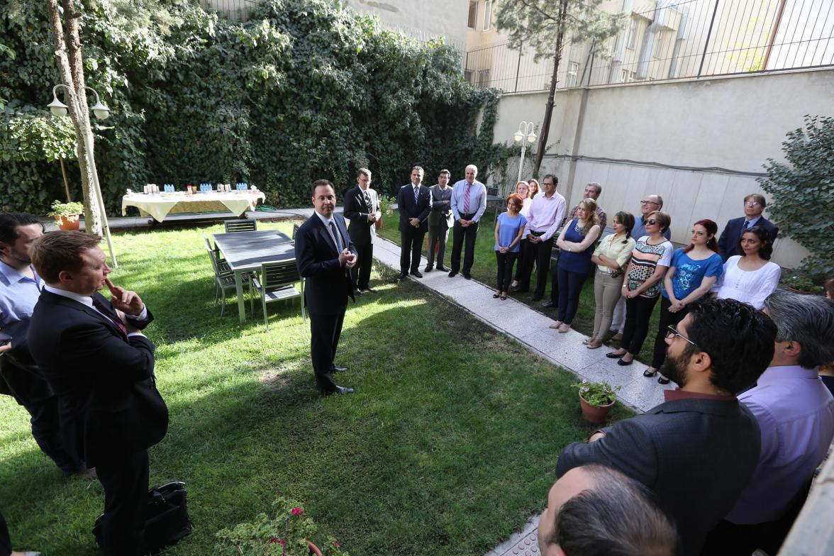 Minister for Trade, Tourism and Investment, Steven Ciobo, addresses embassy staff at the re-opening of the Austrade office in Tehran, 28 September 2016.