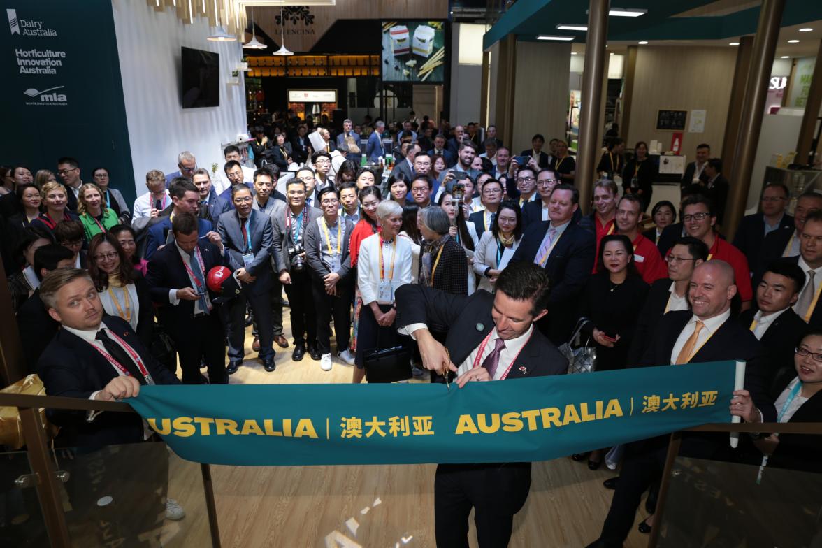 Trade, Tourism and Investment Minister Simon Birmingham cutting the ribbon at the opening of the Australia Pavilion.