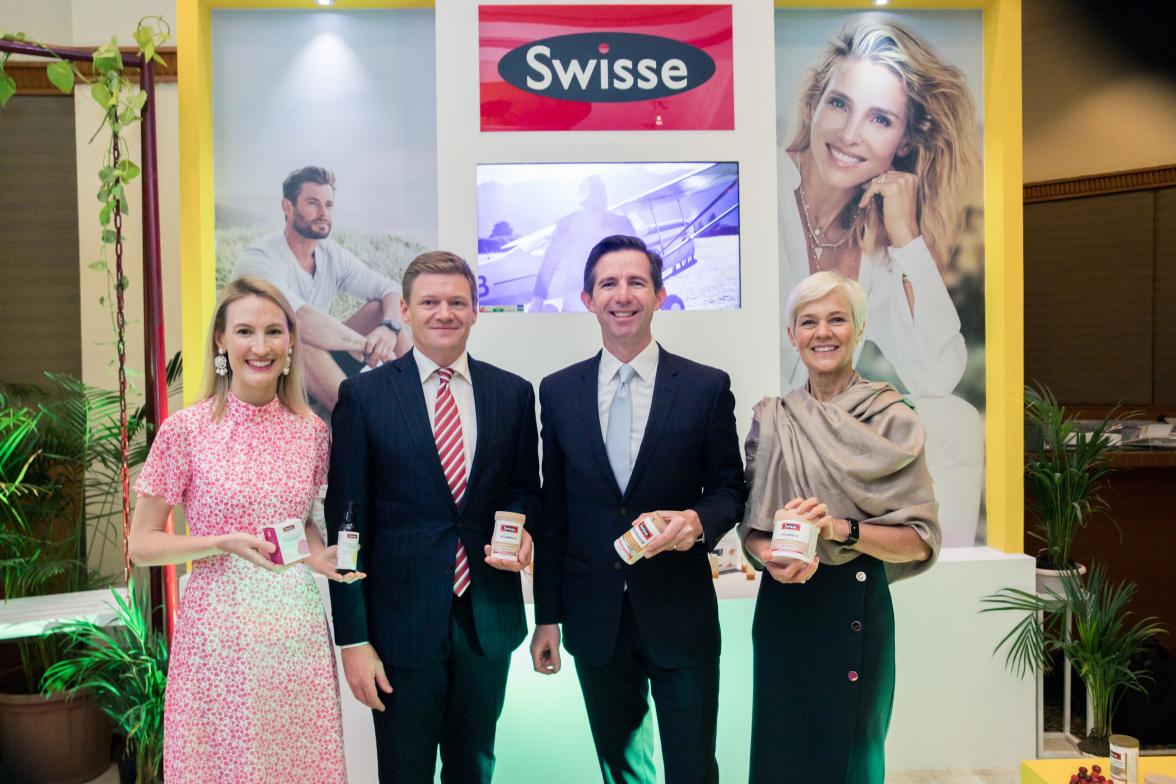 Photo of Minister Simon Birmingham with Austrade CEO Stephanie Fahey and Swisse Wellness Managing Director Nick Mann at the launch of Amazon India’s online Australia Store.