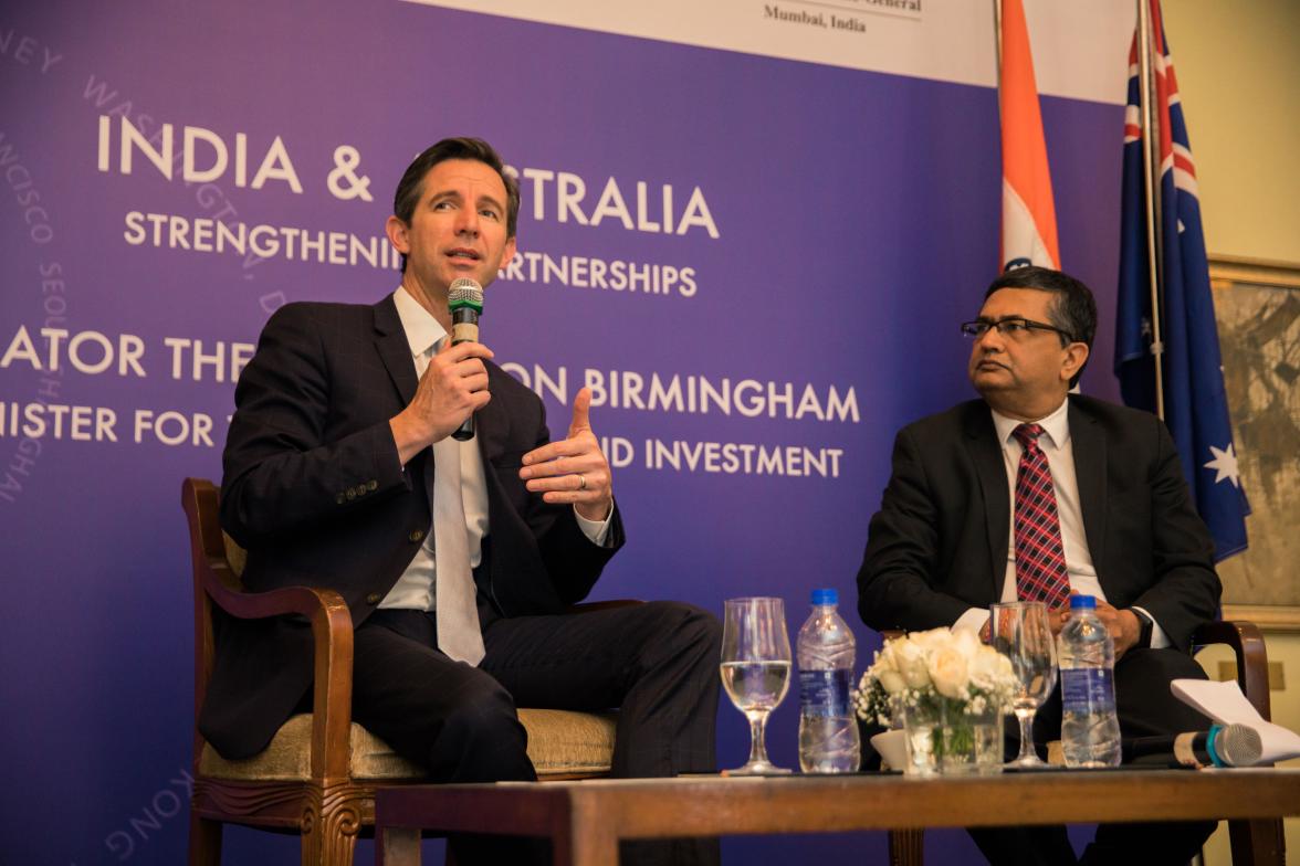 Photo of Minister Simon Birmingham going a Q and A session with the Asia Society.