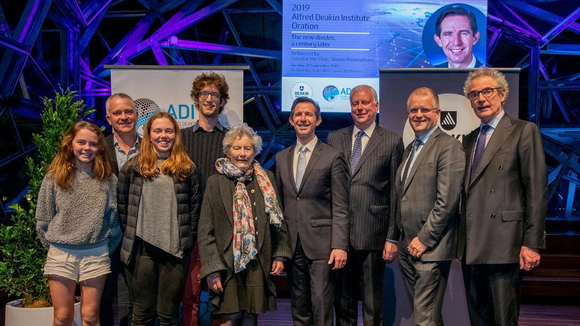 Photo of Minister Birmingham with Deakin University Vice-Chancellor Professor Iain Martin and the Deakin Family.