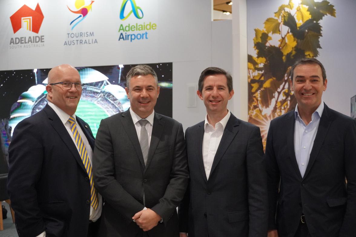 Group photo of Minister David Ridgway, Would Routes Director of Events Steven Small, Minister Simon Birmingham and South Australian Premier Steven Marshall.