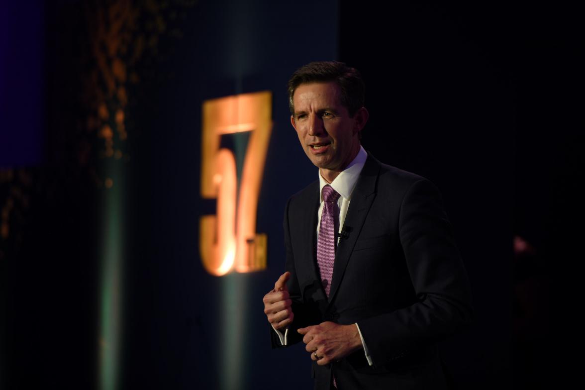 Photo of Minister Simon Birmingham addressing the 57th Australian Export Awards.