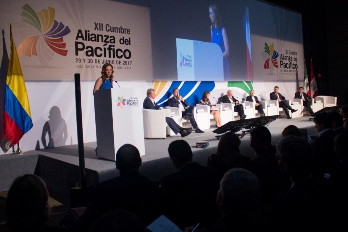 Minister for Trade, Tourism and Investment, the Hon Steven Ciobo MP, on stage with his counterparts from (L to R): Colombia (at the podium), Minister María Claudia Lacouture; New Zealand, Minister Todd McClay; Chile, Vice Minister Paulina Nazal; Peru, Min