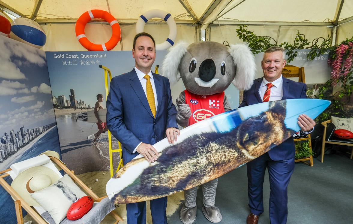 Federal Minister for Trade, Tourism & Investment Steven Ciobo with Gold Coast Suns CEO Andrew Travis at a media call in Shanghai ahead of the AFL Port Adelaide-Gold Coast Suns fixture