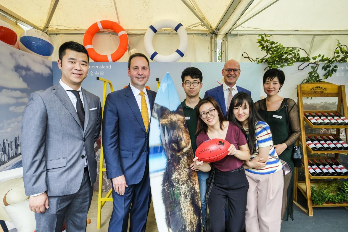 Federal Minister for Trade, Tourism & Investment Steven Ciobo with Tourism Australia representatives and Tourism Australia’s Regional General Manager for North Asia Andrew Hogg at a media call in Shanghai ahead of the AFL Port Adelaide-Gold Coast Suns fix