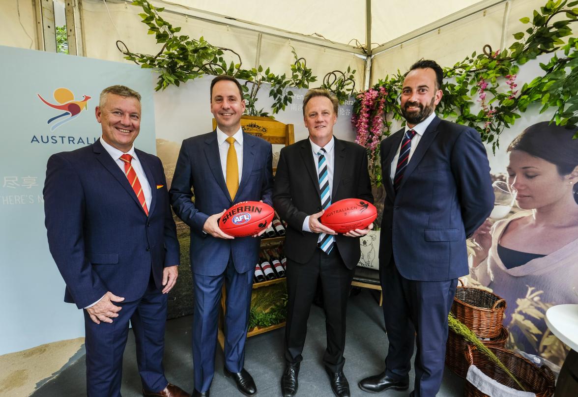 Federal Minister for Trade, Tourism & Investment Steven Ciobo with (L) Gold Coast Suns CEO Andrew Travis and (R) Port Adelaide CEO Keith Thomas and the AFL’s GM for China & India David Stevenson at a media call in Shanghai ahead of the AFL Port Adelaide-G