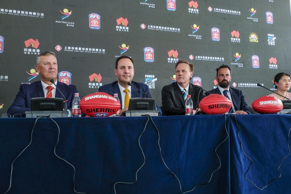 Federal Minister for Trade, Tourism & Investment Steven Ciobo at a media call in Shanghai ahead of the AFL Port Adelaide-Gold Coast Suns fixture, flanked by (L to R) – Gold Coast Suns CEO Andrew Travis, Port Adelaide CEO Keith Thomas and the AFL’s GM for 