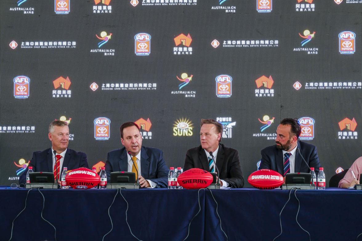 Federal Minister for Trade, Tourism & Investment Steven Ciobo speaking at a media call in Shanghai ahead of the AFL Port Adelaide-Gold Coast Suns fixture, flanked by (L to R) – Gold Coast Suns CEO Andrew Travis, Port Adelaide CEO Keith Thomas and the AFL’