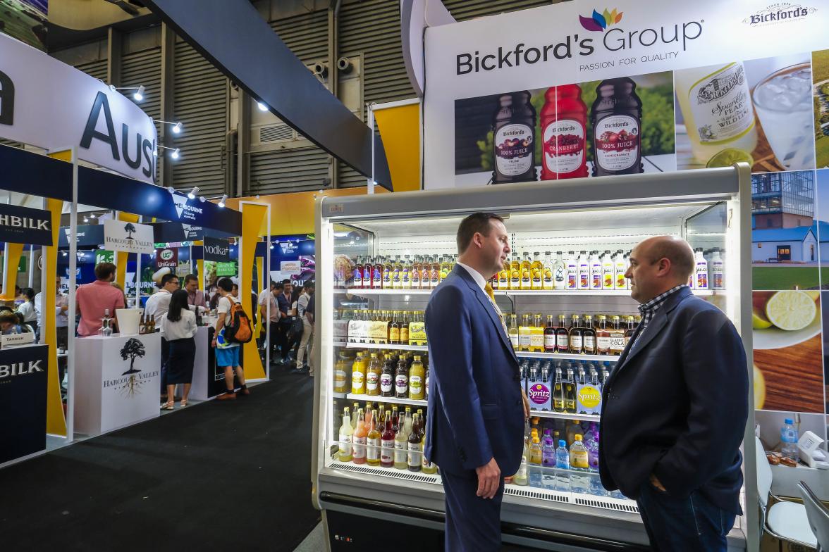 Federal Minister for Trade, Tourism & Investment Steven Ciobo at the Shanghai SIAL Food Industry Expo  the International Sales Manager of the Bickford's Group, Simon Sparrow, at the Australian Pavillion.                                         Photo cred