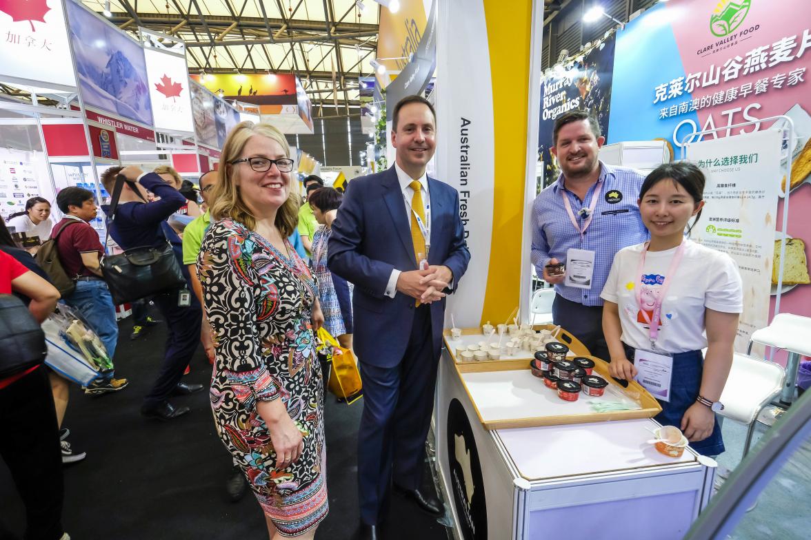 Federal Minister for Trade, Tourism & Investment Steven Ciobo and Australian Ambassador to China Jan Adams at the Shanghai SIAL Food Industry Expo the Director of Australian Fresh Dairy Paul Hayes and Cherry Yang at the Australian Pavillion.              