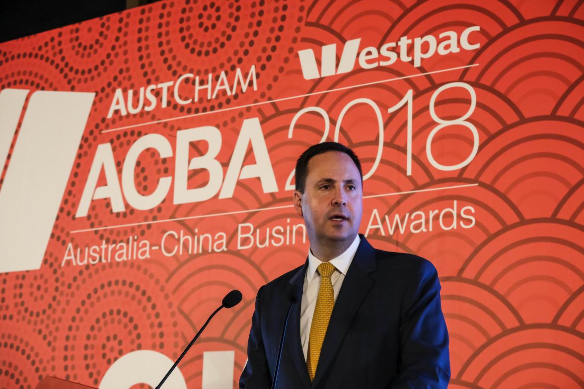 Federal Minister for Trade, Tourism & Investment Steven Ciobo speaking at the Shanghai AustCham Awards Dinner Photo credit: DFaT/Chris Crerar(c)DFaT Australia / High res filename reference: 5195