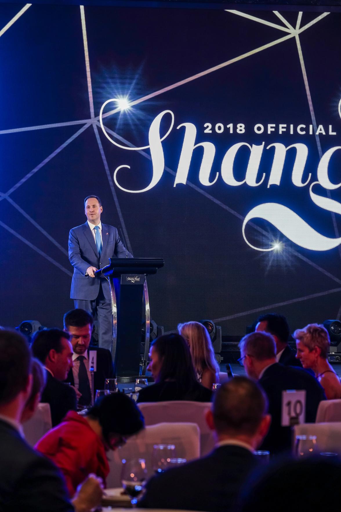 Federal Minister for Trade, Tourism & Investment Steven Ciobo speaking at the 2018 Shanghai AFL Gala Dinner 