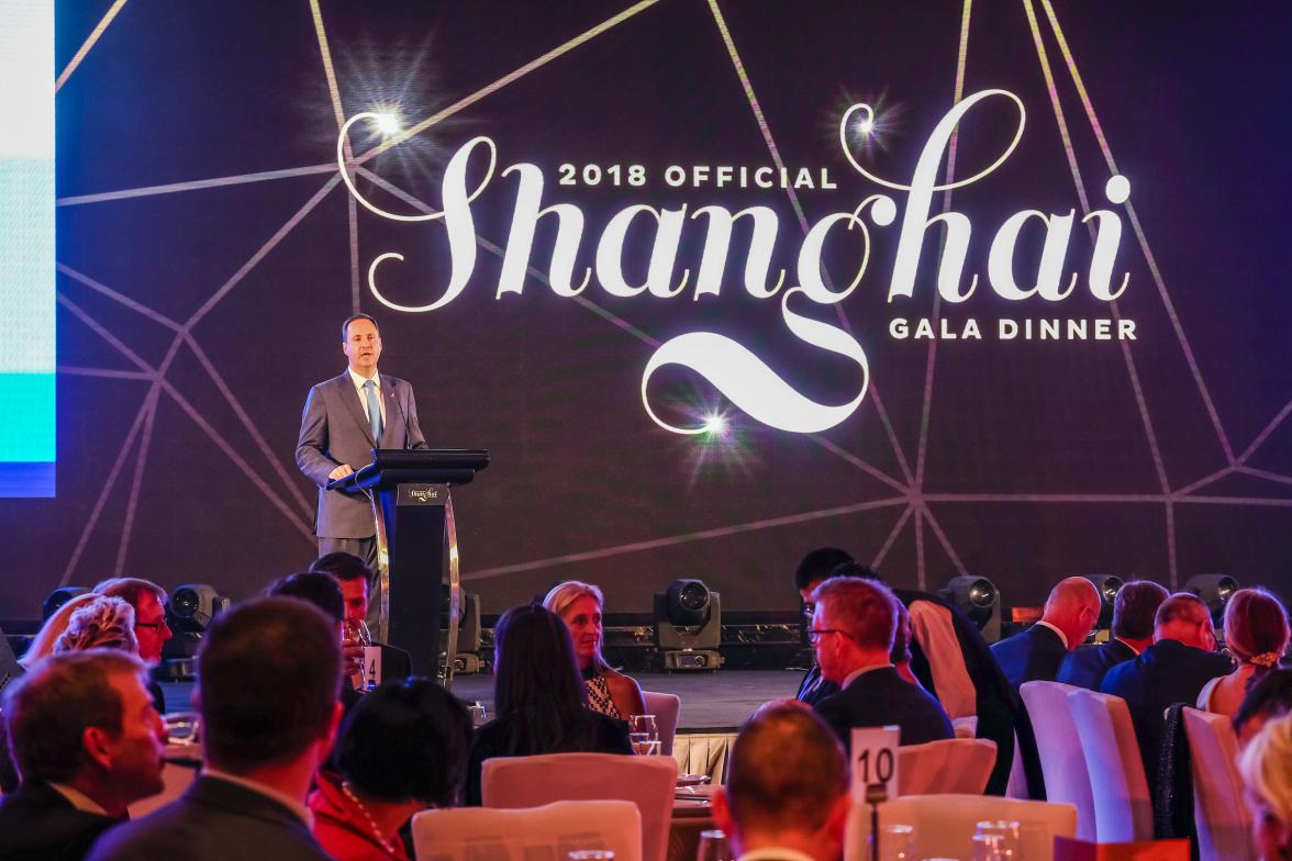 Federal Minister for Trade, Tourism & Investment Steven Ciobo speaking at the 2018 Shanghai AFL Gala Dinner 