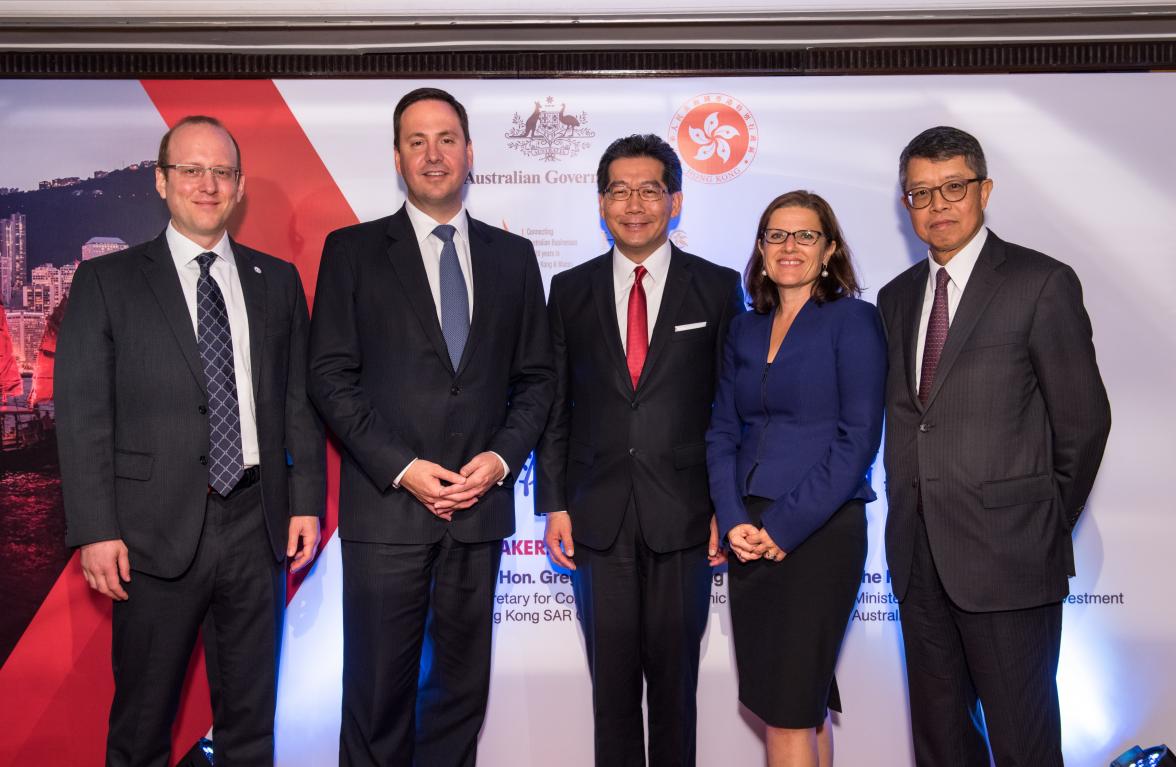 At the official launch for Free Trade Negotiations between Australia and Hong Kong. From left: Prof. Richard Petty (Chairman, Australian Chamber of Commerce Hong Kong & Macau); Steven Ciobo, (Trade, Tourism and Investment Minister); Mr Gregory So Kam-leun