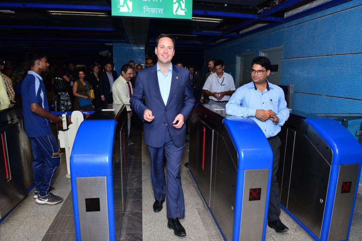 Minister for Trade, Tourism and Investment, the Hon Steven Ciobo MP, arriving at Indira Gandhi International Airport Metro Station, New Delhi, 31 August 2017.