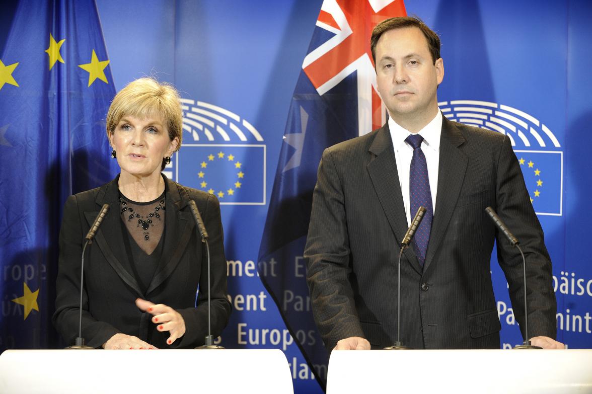 Foreign Minister Julie Bishop and Trade, Tourism and Investment Minister Steven Ciobo talk to the press following the joint sitting of the European Parliament’s Committees on Foreign Affairs and International Trade. Photo credit: DFAT/ Fred Guerdin