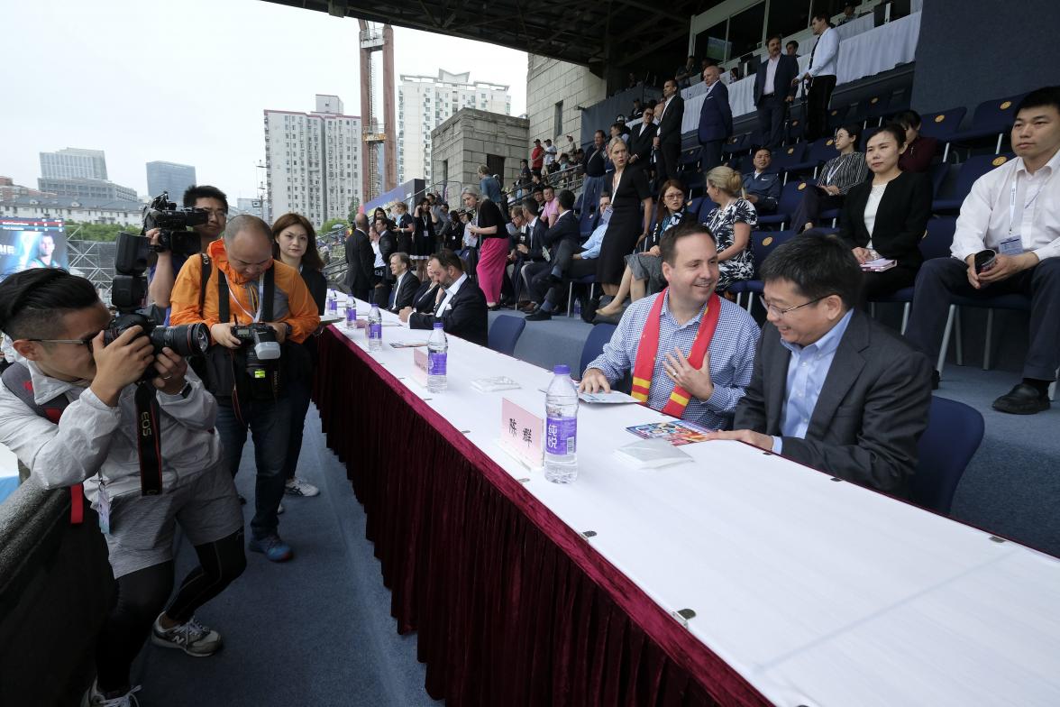 Federal Minister for Trade, Tourism & Investment Steven Ciobo at the AFL match in Shanghai with Shanghai Vice Mayor Professor Chen Qun          Photo credit: DFAT/Chris Crerar(c)DFAT Australia / High res filename reference: 6876