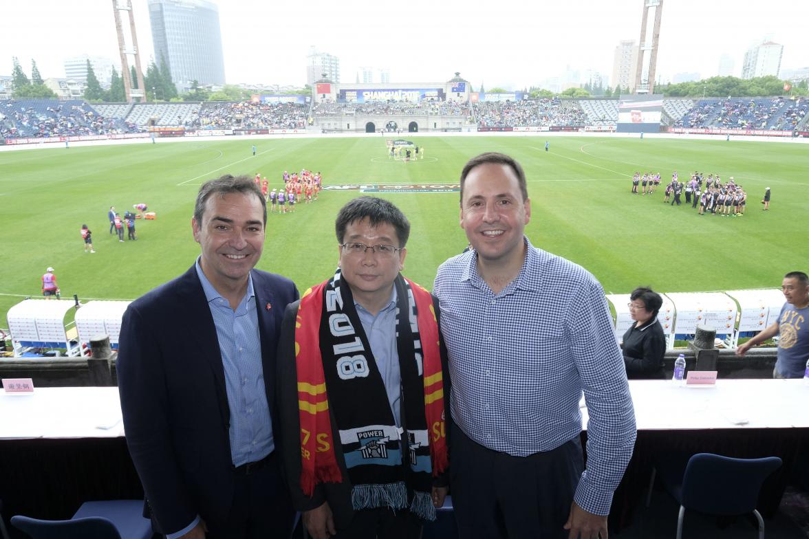 Federal Minister for Trade, Tourism & Investment Steven Ciobo at the AFL match in Shanghai with from left: SA Premier Stephen Marshall, Shanghai Vice Mayor Professor Chen Qun              Photo credit: DFAT/Chris Crerar(c)DFAT Australia / High res filena