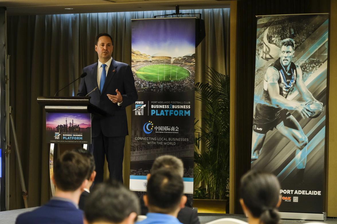 Federal Minister for Trade, Tourism & Investment Steven Ciobo speaking at the Port Adelaide Football Club Business to Business Platform event