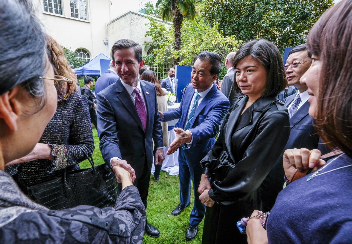 Federal Minister for Trade, Tourism & Investment Simon Birmingham is introduced to guests by Shanghai Cred's Chairman Gui Guojie at the Australian Consulate during an AFL China press call . Photo credit: DFaT/Chris CrerarHigh res filename reference: 508