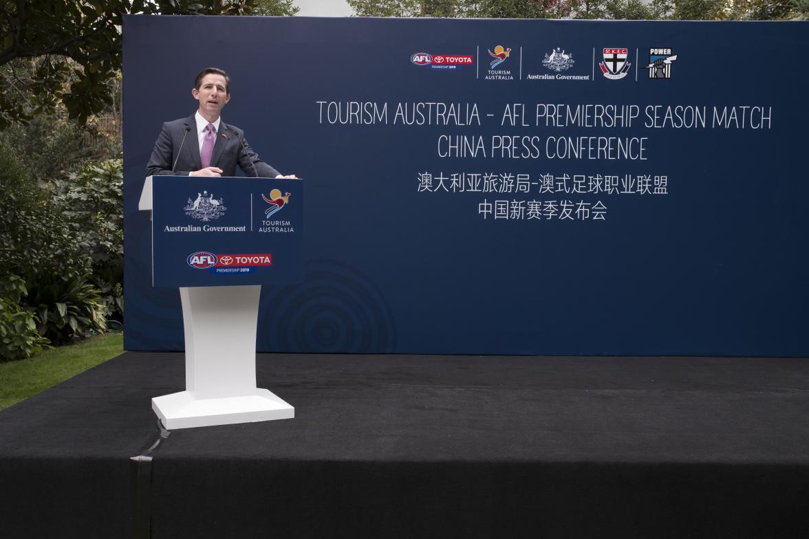 Federal Minister for Trade, Tourism & Investment Simon Birmingham speaking at the Australian Consulate in Shanghai during an AFL China press call . Photo credit: DFaT/Chris CrerarHigh res filename reference: 5704