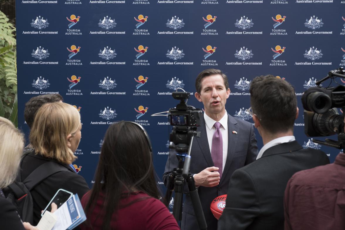 Federal Minister for Trade, Tourism & Investment Simon Birmingham talks to media in Shanghai at the Australian Consulate after an AFL China press call . Photo credit: DFaT/Chris CrerarHigh res filename reference: 5954