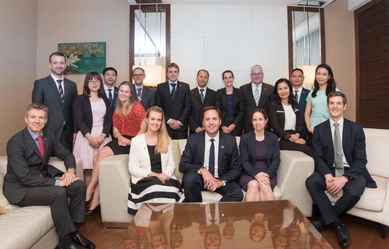 Minister for Trade, Tourism and Investment, the Hon Steven Ciobo MP with with staff from the Australian Embassy (Hanoi) and Consulate-General (Ho Chi Minh) who supported his visit to Vietnam. Photo credit: DFAT/Hieu Nguyen