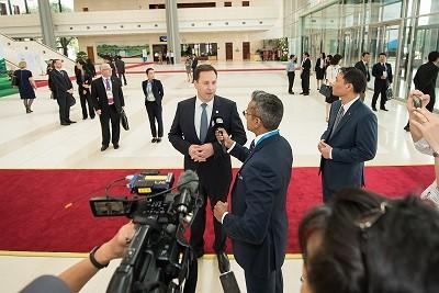 Minister for Trade, Tourism and Investment, the Hon Steven Ciobo MP, being interviewed by CNBC on arrival at APEC Minister Responsible for Trade Meeting in Hanoi, May 2017. Photo credit: DFAT/Hieu Nguyen