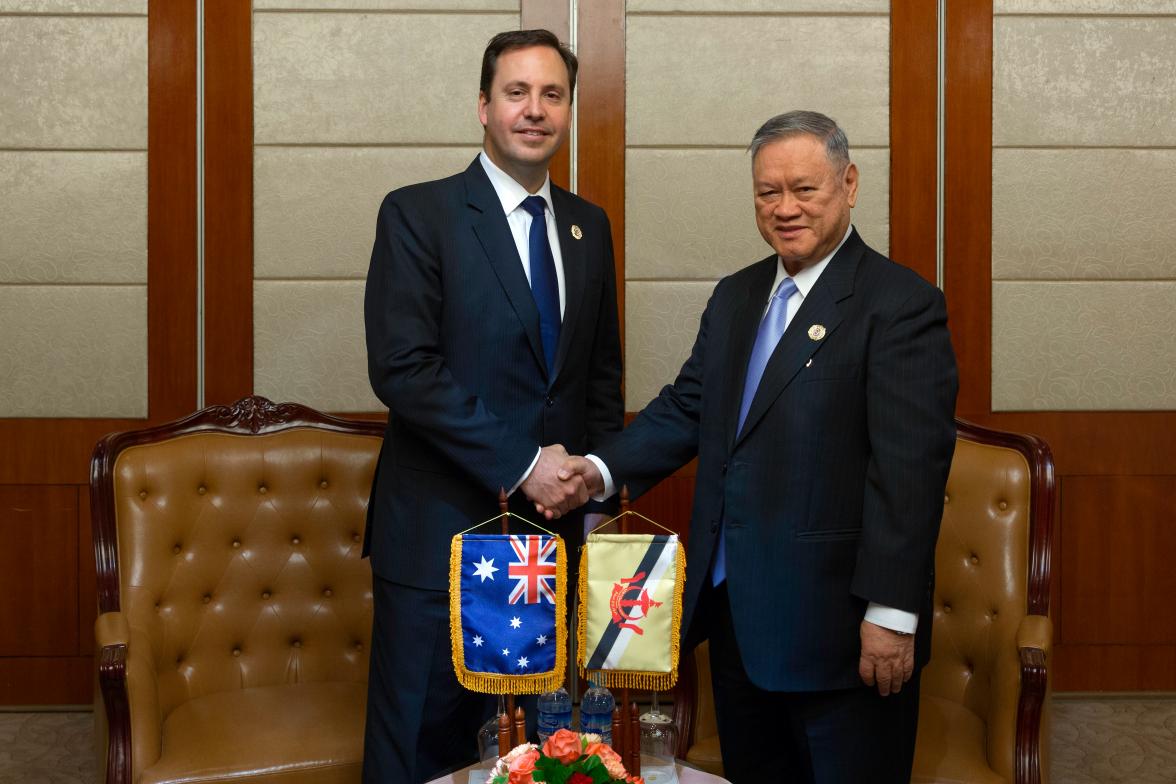 Minister for Trade, Tourism and Investment Steven Ciobo meets HE Pehin Dato Lim Jok Seng, Second Minister of Foreign Affairs and Trade of Brunei, ahead of the 2016 ASEAN Economic Ministers’ Meetings in Vientiane, Laos. 4 August 2016. Photo credit: DFAT/Ba