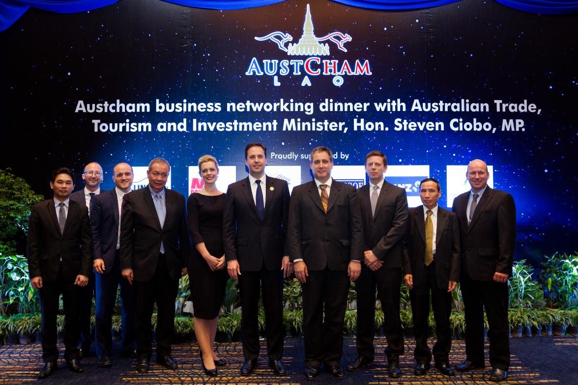 Minister for Trade, Tourism and Investment Steven Ciobo with Austcham Lao Sponsors and Lao dignitaries at an Australian Chamber of Commerce  Lao business dinner in Vientiane, Laos. 4 August 2016. Photo credit: DFAT/Bart Verweij