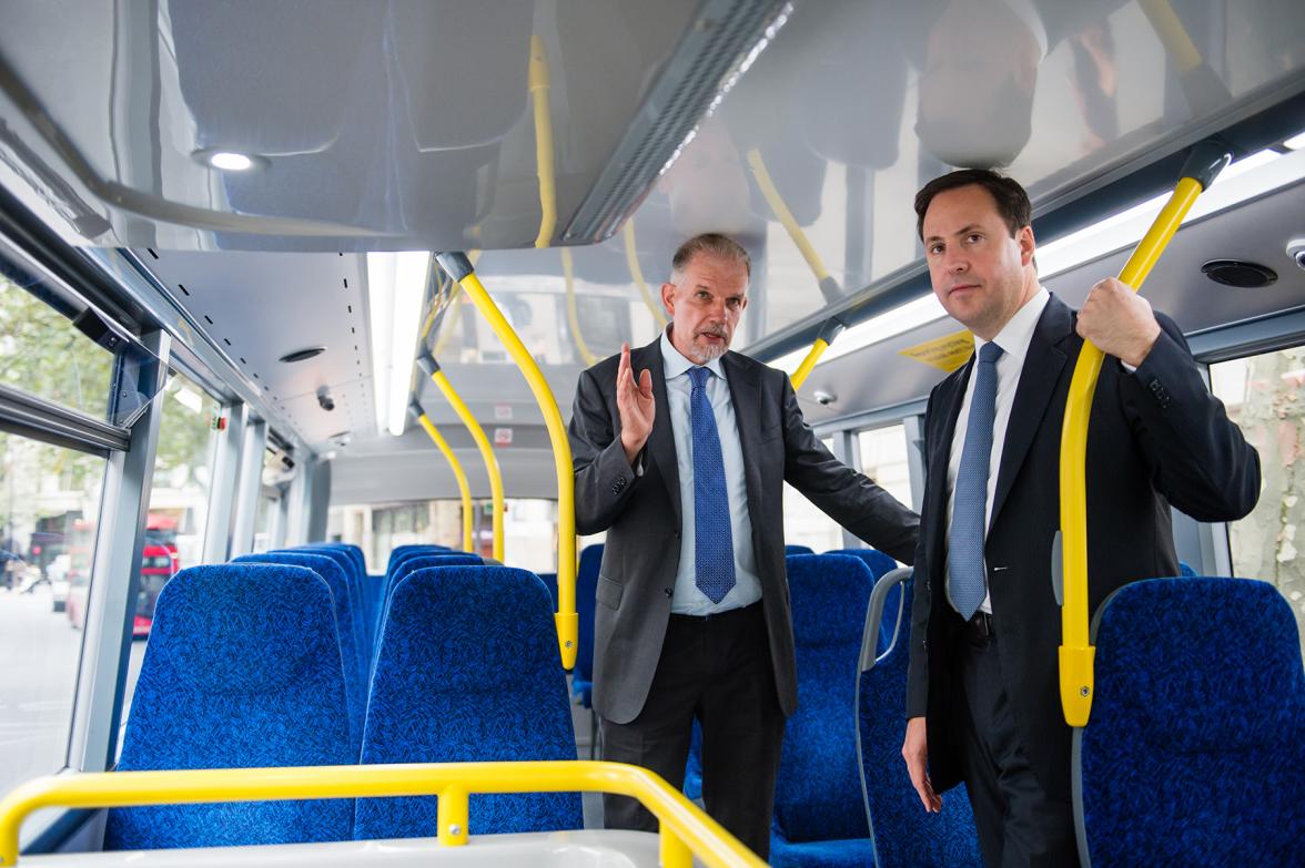 Minister for Trade, Tourism and Investment, Steven Ciobo, talks with Neil Smith, CEO of the Australian company Tower Transit who operate 450 iconic double decker buses in London.