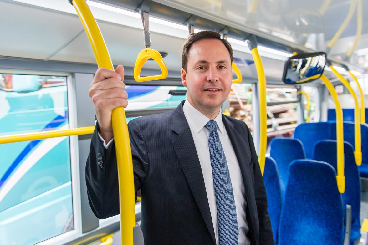 Minister for Trade, Tourism and Investment, Steven Ciobo, on one of Tower Transit’s iconic double decker buses in London. Tower Transit is an Australian-owned company.