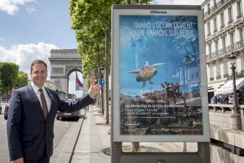 Trade, Tourism and Investment Minister, Steven Ciobo launching the Tourism Australia advertising campaign on avenue Champs Élysées in Paris, 7 June 2017.