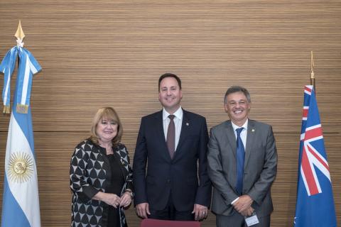 Trade, Tourism and Investment Minister, Steven Ciobo meeting with Argentinian Minister of Foreign Relations and Worship, Susana Malcorra and Argentinian Minister for Production, Francisco Cabrera in the margins of the Ministerial Council Meeting at the OE