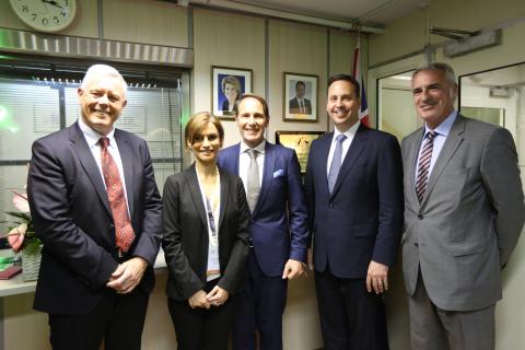 Minister for Trade, Tourism and Investment, Steven Ciobo, together with (L-R) A/g CEO Grame Barty, BDM Elin Aryan, Trade Commissioner Lino Strangis, and regional STC Gerard Seeber, officially re-open the Austrade office in Tehran, 28 September 2016.