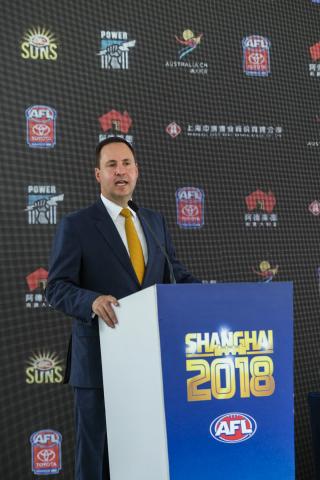 Federal Minister for Trade, Tourism & Investment Steven Ciobo speaking at a media call in Shanghai ahead of the AFL Port Adelaide-Gold Coast Suns fixture 