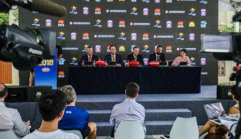 Federal Minister for Trade, Tourism & Investment Steven Ciobo speaking at a media call in Shanghai ahead of the AFL Port Adelaide-Gold Coast Suns fixture, flanked by (L to R) – Gold Coast Suns CEO Andrew Travis, Port Adelaide CEO Keith Thomas and the AFL’