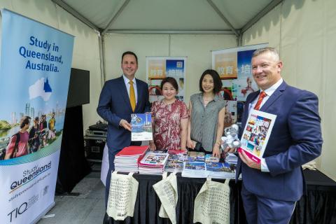 Federal Minister for Trade, Tourism & Investment Steven Ciobo with the Gold Coast Suns CEO Andrew Travis at the Study Queensland marquee at a media call in Shanghai ahead of the AFL Port Adelaide-Gold Coast Suns fixture