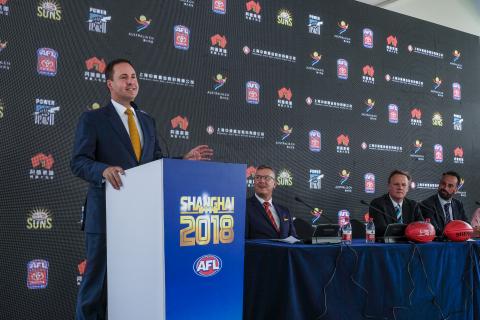 Federal Minister for Trade, Tourism & Investment Steven Ciobo speaking at a media call in Shanghai ahead of the AFL Port Adelaide-Gold Coast Suns fixture, watched by (L to R) – Gold Coast Suns CEO Andrew Travis, Port Adelaide CEO Keith Thomas and the AFL’