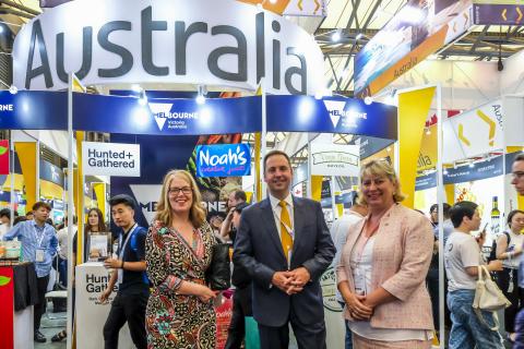 Federal Minister for Trade, Tourism & Investment Steven Ciobo at the Shanghai SIAL Food Industry Expo with Australian Ambassador to China Jan Adams (L) and  CEO of Food SA Catherine Sayer at the Australian Pavillion.                                       