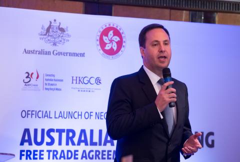 Trade, Tourism and Investment Minister Steven Ciobo speaks at the launch of official negotiations for an Australia-Hong Kong Free Trade Agreement in Hong Kong.