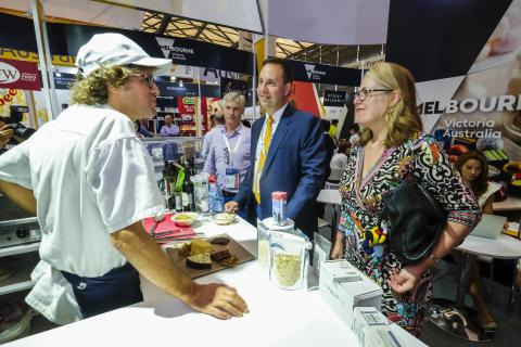 Federal Minister for Trade, Tourism & Investment Steven Ciobo at the Shanghai SIAL Food Industry Expo with Australian Ambassador to China Jan Adams talking with Australian chef Tim Hollands at the Australian Pavillion.                                     