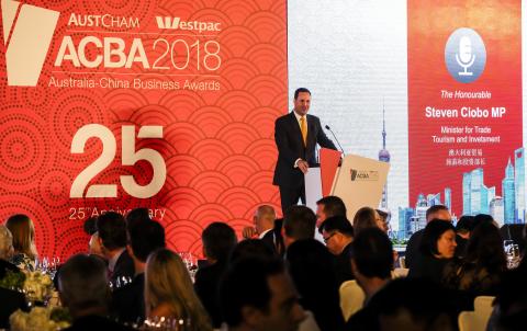 Federal Minister for Trade, Tourism & Investment Steven Ciobo speaking at the Shanghai AustCham Awards Dinner Photo credit: DFaT/Chris Crerar(c)DFaT Australia / High res filename reference: 5177