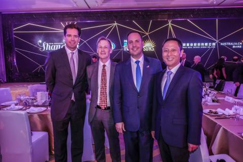 Federal Minister for Trade, Tourism & Investment Steven Ciobo with (L-R) CEO of the AFL Mr Gillon McLachlan, Australian Consul General to Shanghai Mr Graeme Meehan, and Vice-Mayor of Yangpu District Government Mr Xu Jianhua at the 2018 Shanghai AFL Gala D